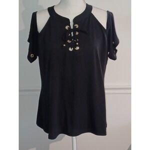 Belldini Womens Cold Shoulder Gold Grommet Rhinestones Black Knit Top Sz XL